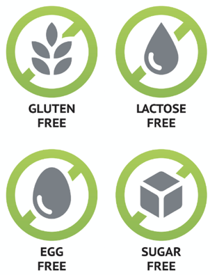 Gluten free, Lactose free, Egg free, Sugar free